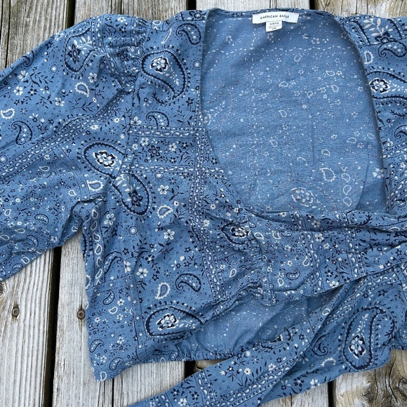 American Eagle⎪Paisley Blue Linen Blend Tie-Front Top - Picture 6 of 8